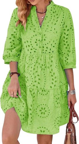 utcoco Women's 2024 Eyelet Lace Midi Dress V Neck Puff 3/4 Sleeve Button Tiered Sexy A Line Sun Dress in Kuwait