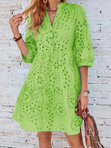 utcoco Women's 2024 Eyelet Lace Midi Dress V Neck Puff 3/4 Sleeve Button Tiered Sexy A Line Sun Dress in Kuwait