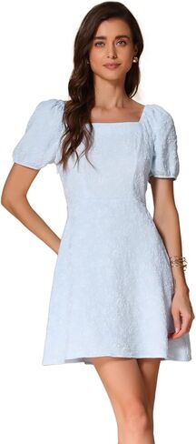 Allegra K Jacquard Floral Dress for Women's Square Neck A-Line Summer Puff Sleeve Dresses in Kuwait