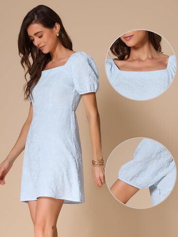 Allegra K Jacquard Floral Dress for Women's Square Neck A-Line Summer Puff Sleeve Dresses in Kuwait