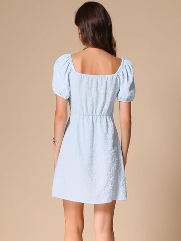 Allegra K Jacquard Floral Dress for Women's Square Neck A-Line Summer Puff Sleeve Dresses in Kuwait