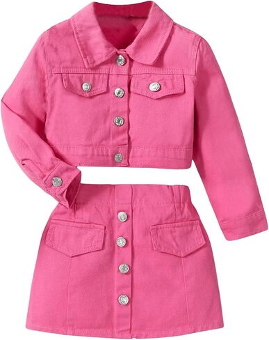 WDIRARA Girl's 2 Piece Outfits Button Front Long Sleeve Denim Jacket and A Line Skirt Set in Saudi Arabia