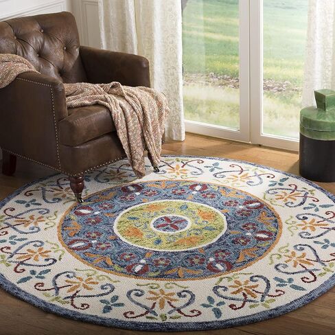 SAFAVIEH Novelty Collection Area Rug - 6' Round, Blue & Ivory, Handmade Boho Wool, Ideal for High Traffic Areas in Living Room, Bedroom (NOV601M) in Saudi Arabia