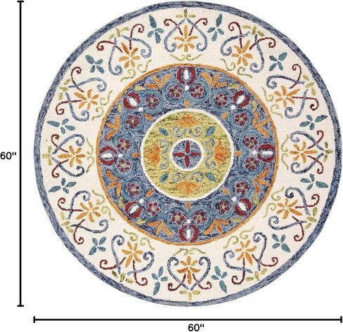 SAFAVIEH Novelty Collection Area Rug - 6' Round, Blue & Ivory, Handmade Boho Wool, Ideal for High Traffic Areas in Living Room, Bedroom (NOV601M) in Saudi Arabia