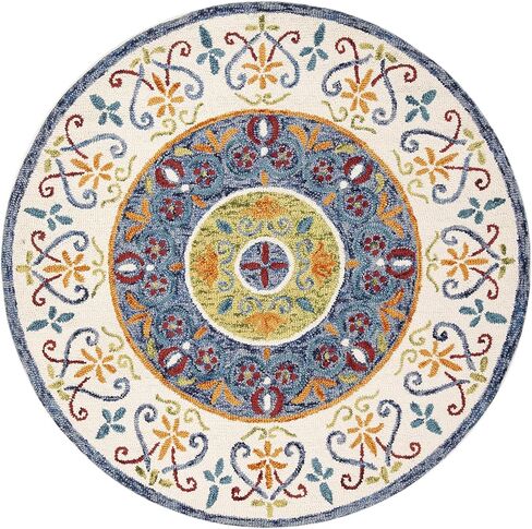 SAFAVIEH Novelty Collection Area Rug - 6' Round, Blue & Ivory, Handmade Boho Wool, Ideal for High Traffic Areas in Living Room, Bedroom (NOV601M) in Saudi Arabia