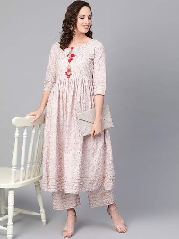 Idalia Baby Pink Indian Kurta for Women Flared Cotton Kurta with Palazzo for Women in Kuwait