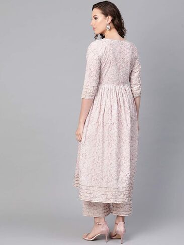 Idalia Baby Pink Indian Kurta for Women Flared Cotton Kurta with Palazzo for Women in Kuwait