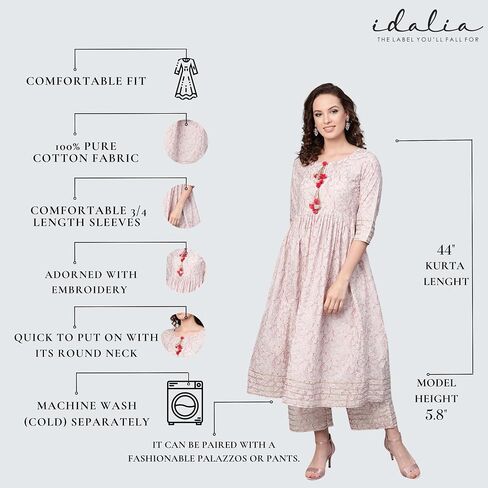 Idalia Baby Pink Indian Kurta for Women Flared Cotton Kurta with Palazzo for Women in Kuwait