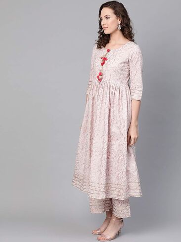 Idalia Baby Pink Indian Kurta for Women Flared Cotton Kurta with Palazzo for Women in Kuwait