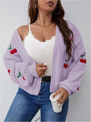SHENHE المرأة حجم كبير طباعة الكرز مفتوحة الجبهة كم طويل مضلع متماسكة اقتصاص سترة صوفية in Saudi Arabia