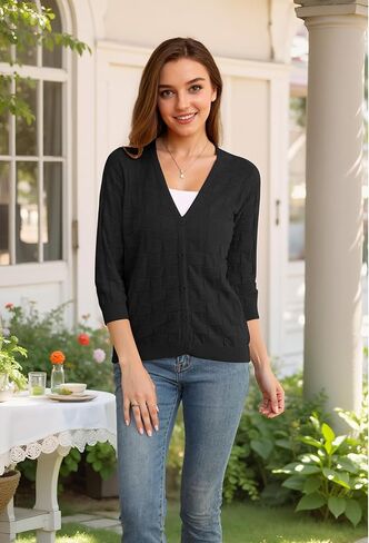 سترة Angashion النسائية 3/4 كم - سترة مفتوحة من الأمام خفيفة الوزن ومتماسكة بأزرار علوية كاجوال من الكروشيه in Kuwait