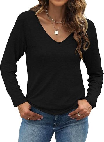 Sherosa Womens T Shirts V-Neck Long Sleeve Loose Fit Shirts Casual Solid Basic Tops in Saudi Arabia