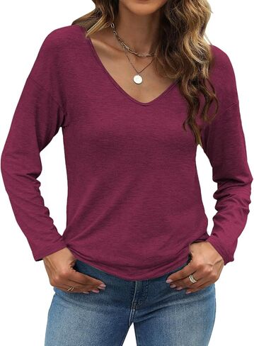 Sherosa Womens T Shirts V-Neck Long Sleeve Loose Fit Shirts Casual Solid Basic Tops in Saudi Arabia