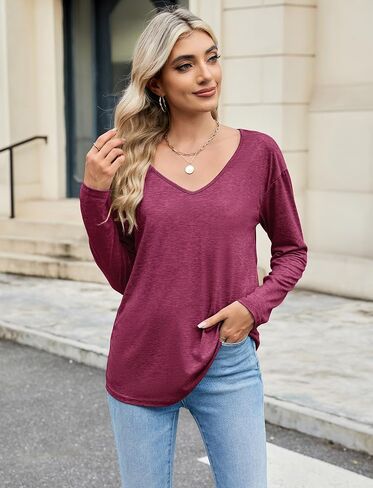 Sherosa Womens T Shirts V-Neck Long Sleeve Loose Fit Shirts Casual Solid Basic Tops in Saudi Arabia