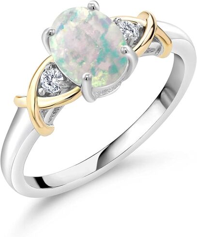 خاتم Gem Stone King بدرجتين من الذهب الأصفر عيار 10 قيراط وكابوشون بيضاوي من الفضة الإسترليني عيار 925 مصنوع من العقيق الأبيض والألماس المزروع في المختبر (1.08 قيراط، متوفر بمقاس 5،6،7،8،9) in Kuwait