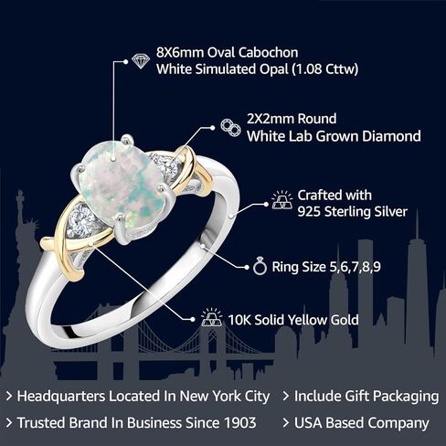 خاتم Gem Stone King بدرجتين من الذهب الأصفر عيار 10 قيراط وكابوشون بيضاوي من الفضة الإسترليني عيار 925 مصنوع من العقيق الأبيض والألماس المزروع في المختبر (1.08 قيراط، متوفر بمقاس 5،6،7،8،9) in Kuwait