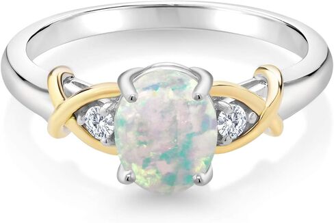 خاتم Gem Stone King بدرجتين من الذهب الأصفر عيار 10 قيراط وكابوشون بيضاوي من الفضة الإسترليني عيار 925 مصنوع من العقيق الأبيض والألماس المزروع في المختبر (1.08 قيراط، متوفر بمقاس 5،6،7،8،9) in Kuwait
