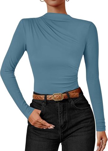 ZESICA Women's Long Sleeve Tops Mock Neck Ruched Tight Shirts 2024 Fall Trendy Outfits in Kuwait