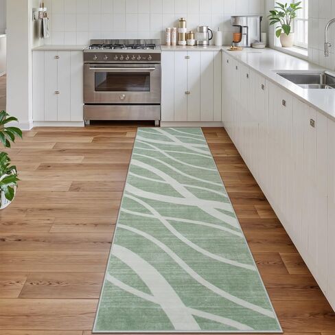 Modern Waved Runners for Hallway, 2.5x8 Green Kitchen Runner Rugs Non Skid Washable Runner Rug, Soft Low Pile Carpet Runner for Bedroom Entryway Laundry(2.5x8ft,Green) in Saudi Arabia