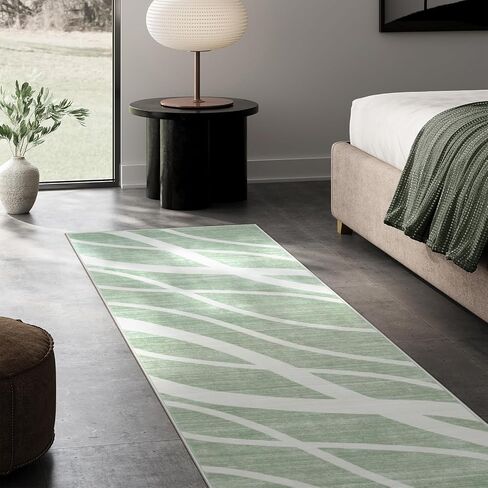 Modern Waved Runners for Hallway, 2.5x8 Green Kitchen Runner Rugs Non Skid Washable Runner Rug, Soft Low Pile Carpet Runner for Bedroom Entryway Laundry(2.5x8ft,Green) in Saudi Arabia