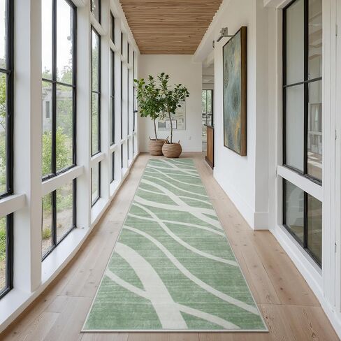 Modern Waved Runners for Hallway, 2.5x8 Green Kitchen Runner Rugs Non Skid Washable Runner Rug, Soft Low Pile Carpet Runner for Bedroom Entryway Laundry(2.5x8ft,Green) in Saudi Arabia