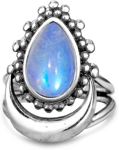 HAIXIAN Natural Gemstone Bohemian Ring,S925 Sterling Silver Crystal Quartz Gem Stone boho Crescent Moon Statement Ring Jewelry Gift for Women Girls in Saudi Arabia