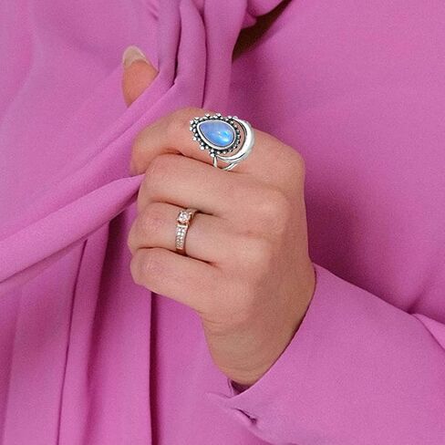 HAIXIAN Natural Gemstone Bohemian Ring,S925 Sterling Silver Crystal Quartz Gem Stone boho Crescent Moon Statement Ring Jewelry Gift for Women Girls in Saudi Arabia