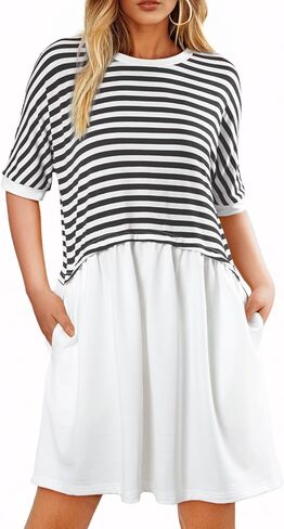 Acelitt Women Casual Summer Short Sleeve Crewneck Striped Dresses Loose Tshirt Dress,S-2XL in Saudi Arabia