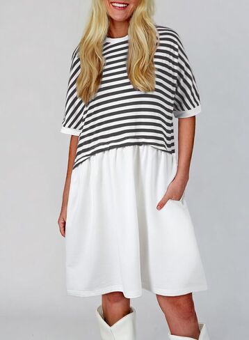 Acelitt Women Casual Summer Short Sleeve Crewneck Striped Dresses Loose Tshirt Dress,S-2XL in Saudi Arabia