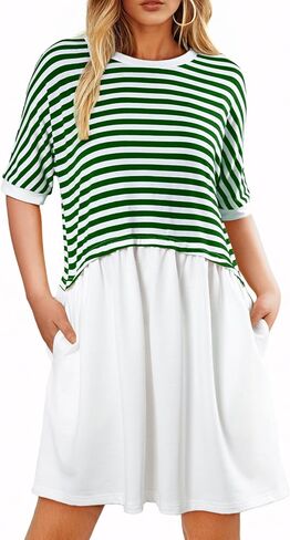 Acelitt Women Casual Summer Short Sleeve Crewneck Striped Dresses Loose Tshirt Dress,S-2XL in Kuwait