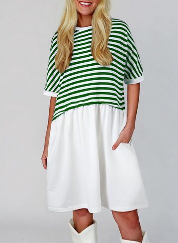 Acelitt Women Casual Summer Short Sleeve Crewneck Striped Dresses Loose Tshirt Dress,S-2XL in Kuwait