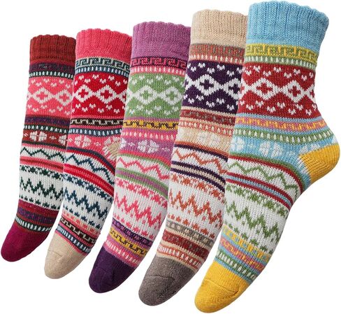 Heliltd 5Pair Wool Socks for Women Soft Cold Weather Socks Vintage Womens Socks Thick Knit Winter Socks Warm Socks in Kuwait
