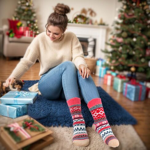 Heliltd 5Pair Wool Socks for Women Soft Cold Weather Socks Vintage Womens Socks Thick Knit Winter Socks Warm Socks in Kuwait