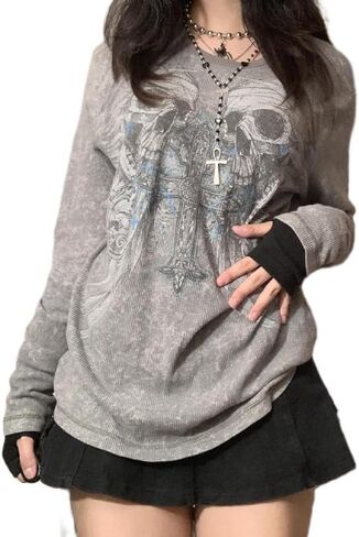 Women Vintage Y2K Long Sleeve Shirt Skull Fairy Grunge Gothic Graphic Printed Tee Tops Aesthetic Harajuku Top in Kuwait