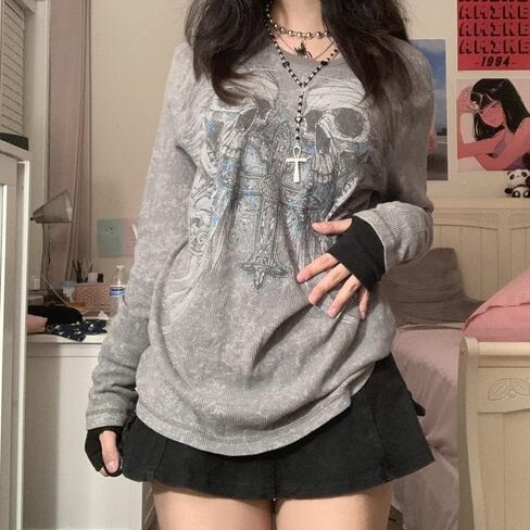 Women Vintage Y2K Long Sleeve Shirt Skull Fairy Grunge Gothic Graphic Printed Tee Tops Aesthetic Harajuku Top in Kuwait
