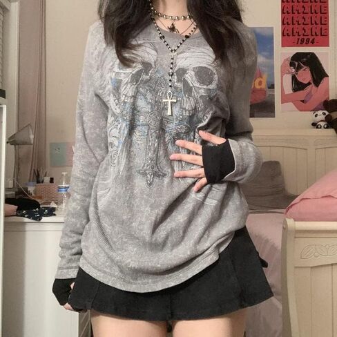 Women Vintage Y2K Long Sleeve Shirt Skull Fairy Grunge Gothic Graphic Printed Tee Tops Aesthetic Harajuku Top in Kuwait