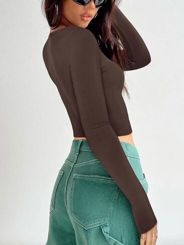 قمصان نسائية بأكمام طويلة من REORIA قطع علوية قصيرة مضلعة أساسية موضة الخريف طبقات علوية ضيقة Y2k in Kuwait