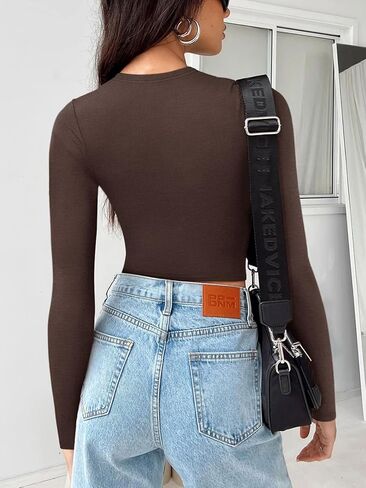 قمصان نسائية بأكمام طويلة من REORIA قطع علوية قصيرة مضلعة أساسية موضة الخريف طبقات علوية ضيقة Y2k in Kuwait