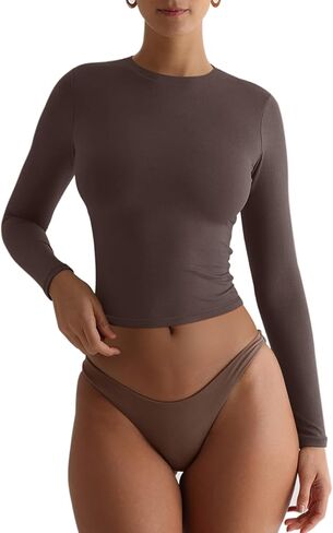 قمصان نسائية بأكمام طويلة من REORIA قطع علوية قصيرة مضلعة أساسية موضة الخريف طبقات علوية ضيقة Y2k in Kuwait