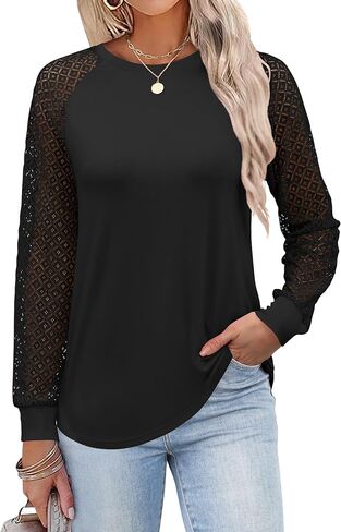 ANRABESS Womens Long Sleeve Shirts V-Neck Lace Tops Business Casual Blouses Trendy 2024 Fall Fashion Outfits Clothes in Saudi Arabia