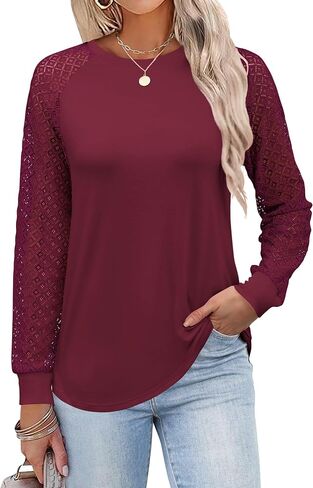 ANRABESS Womens Long Sleeve Shirts V-Neck Lace Tops Business Casual Blouses Trendy 2024 Fall Fashion Outfits Clothes in Saudi Arabia