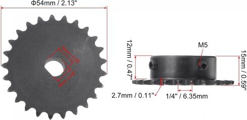 uxcell 25 Tooth Roller Sprocket B Type, 25 Chain Single Strand 1/4" Pitch, 8 x 7.5mm Bore Black Oxide C45 Carbon Steel with Set Screws for ISO 04C Chain in Saudi Arabia