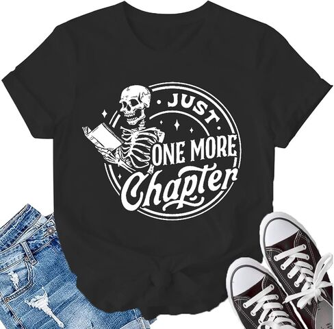 LBP Womens Skeleton Reading Shirts Book Lovers Funny Reading T-Shirt Just One More Chapter Tee Tops in Kuwait