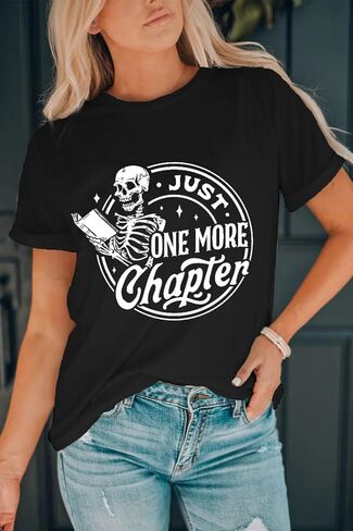 LBP Womens Skeleton Reading Shirts Book Lovers Funny Reading T-Shirt Just One More Chapter Tee Tops in Kuwait