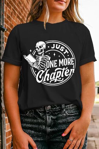 LBP Womens Skeleton Reading Shirts Book Lovers Funny Reading T-Shirt Just One More Chapter Tee Tops in Kuwait