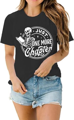 LBP Womens Skeleton Reading Shirts Book Lovers Funny Reading T-Shirt Just One More Chapter Tee Tops in Kuwait