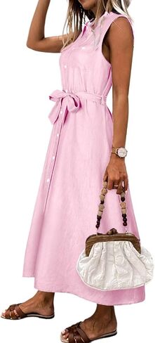 Flamingals Women's Casual V Neck Button Down Flap Pocket Belted Long Denim Dress with Pockets in Saudi Arabia