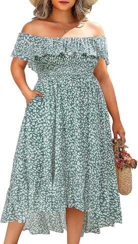 فساتين صيفية بمقاسات كبيرة من Pinup Fashion - فستان بوهو كاجوال مكشكش مكشوف الأكتاف ومرتفع ومنخفض مع جيوب in Kuwait