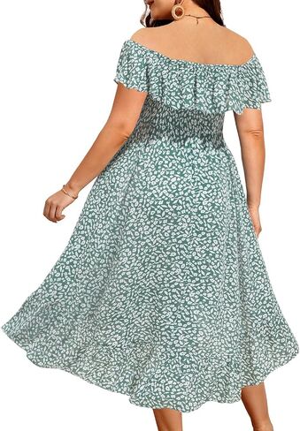 فساتين صيفية بمقاسات كبيرة من Pinup Fashion - فستان بوهو كاجوال مكشكش مكشوف الأكتاف ومرتفع ومنخفض مع جيوب in Kuwait