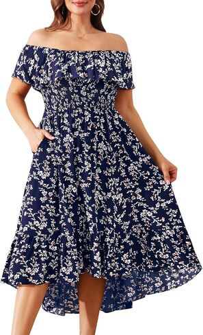 فساتين صيفية بمقاسات كبيرة من Pinup Fashion - فستان بوهو كاجوال مكشكش مكشوف الأكتاف ومرتفع ومنخفض مع جيوب in Kuwait